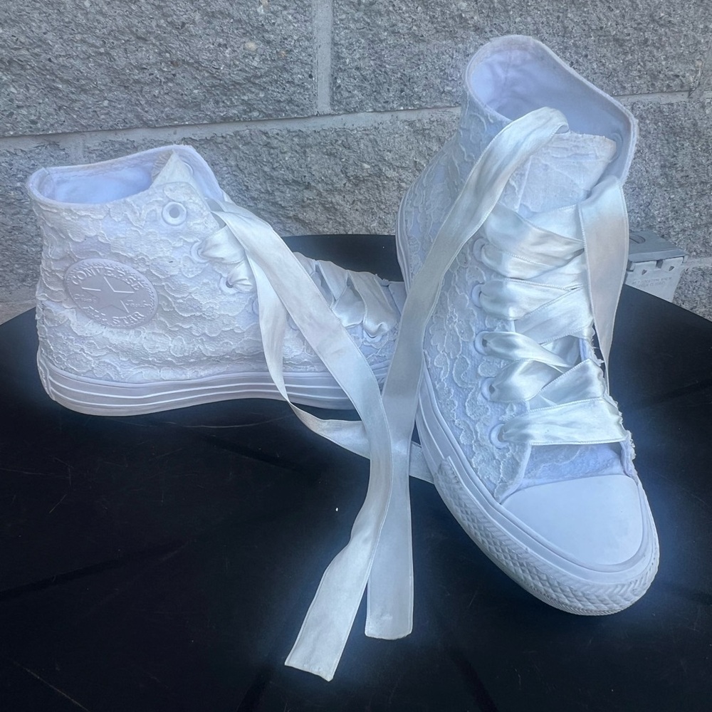 Custom white lace converse high tops - wedding sneakers
